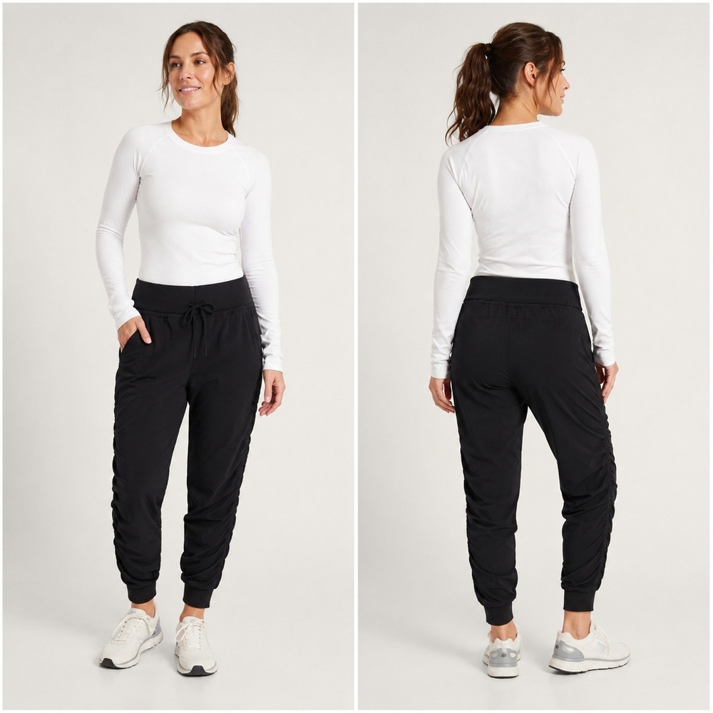 Athleta Attitude Lined Pants Black Ruched Jogger Drawstring Women Size 10